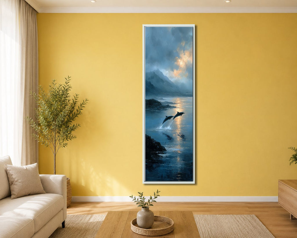 Dolphins Jumping at Twilight Sea canvas wall art, white floating frame