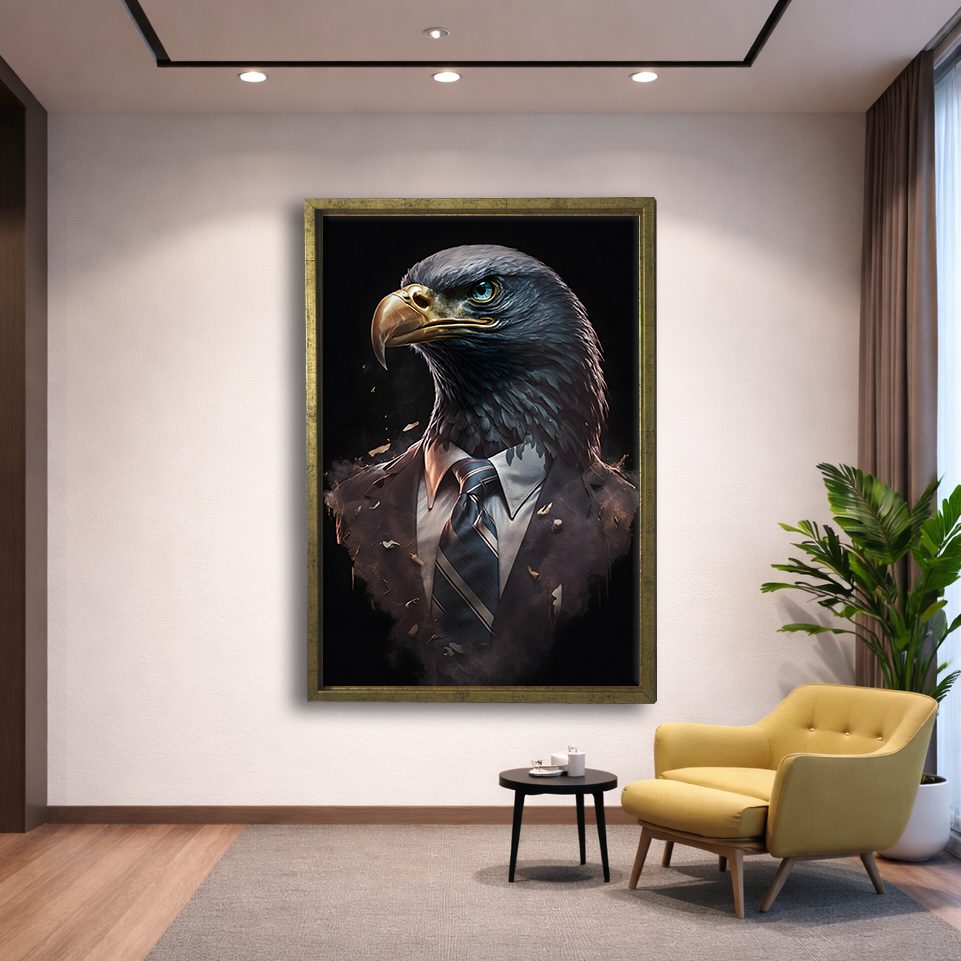 Eagle Businessman Portrait canvas wall art, gold floating frame