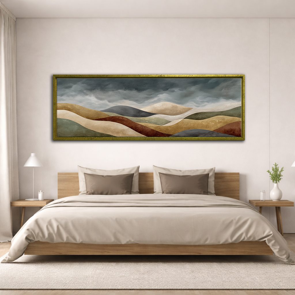 Earth Tone Rolling Hills Abstract canvas wall art, antique gold floating frame