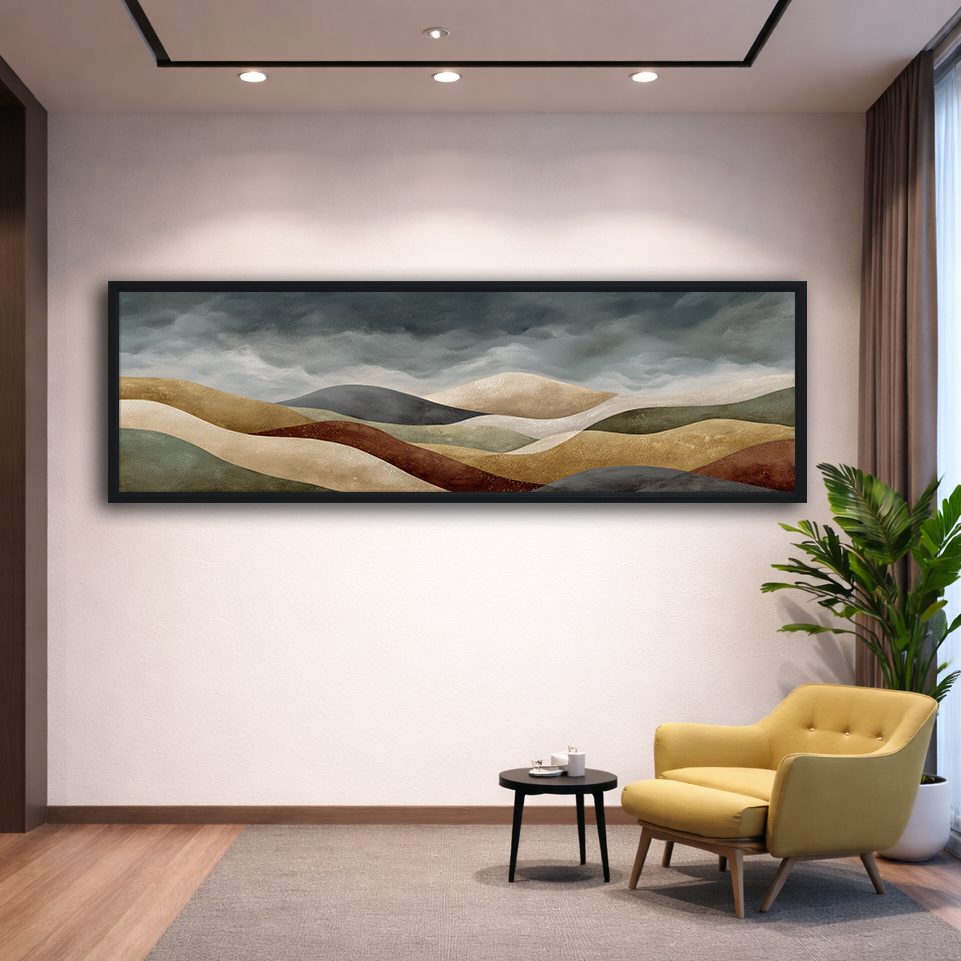 Earth Tone Rolling Hills Abstract canvas wall art, black floating frame