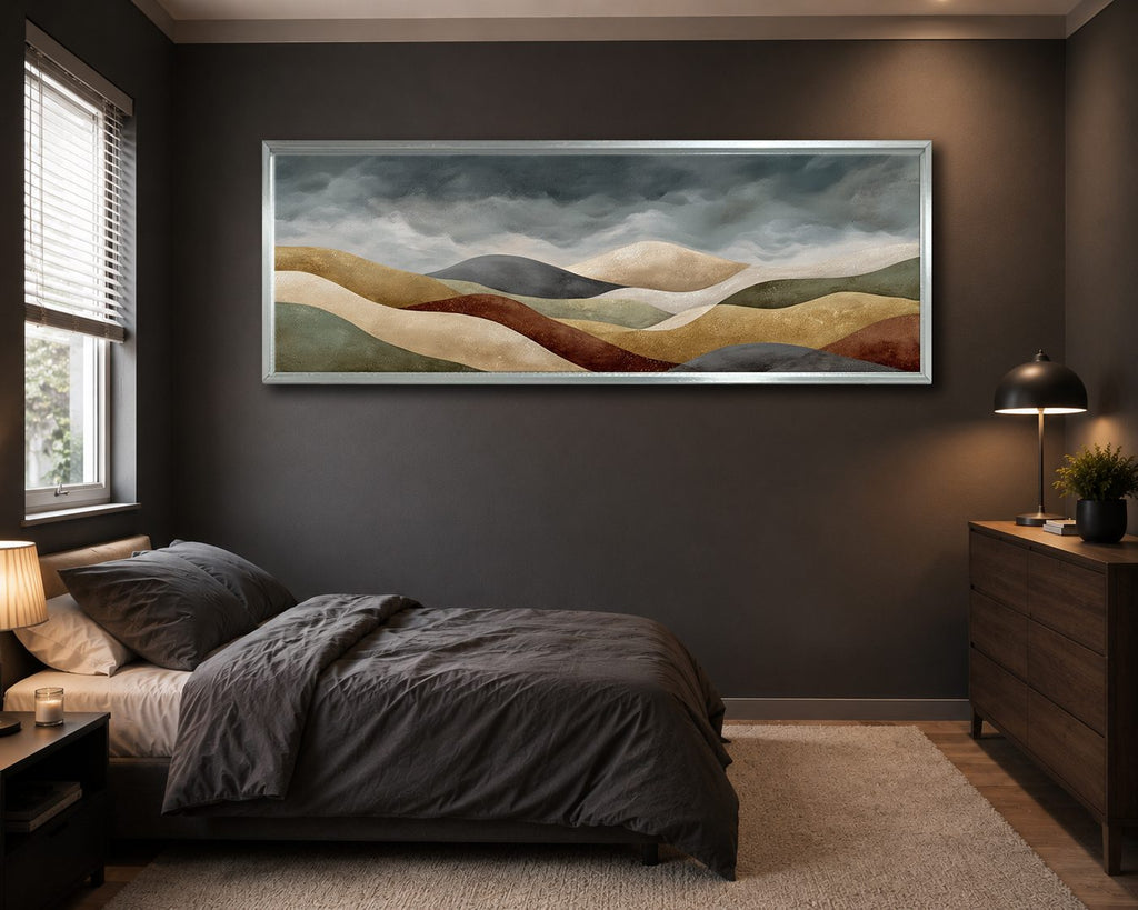 Earth Tone Rolling Hills Abstract canvas wall art, silver floating frame