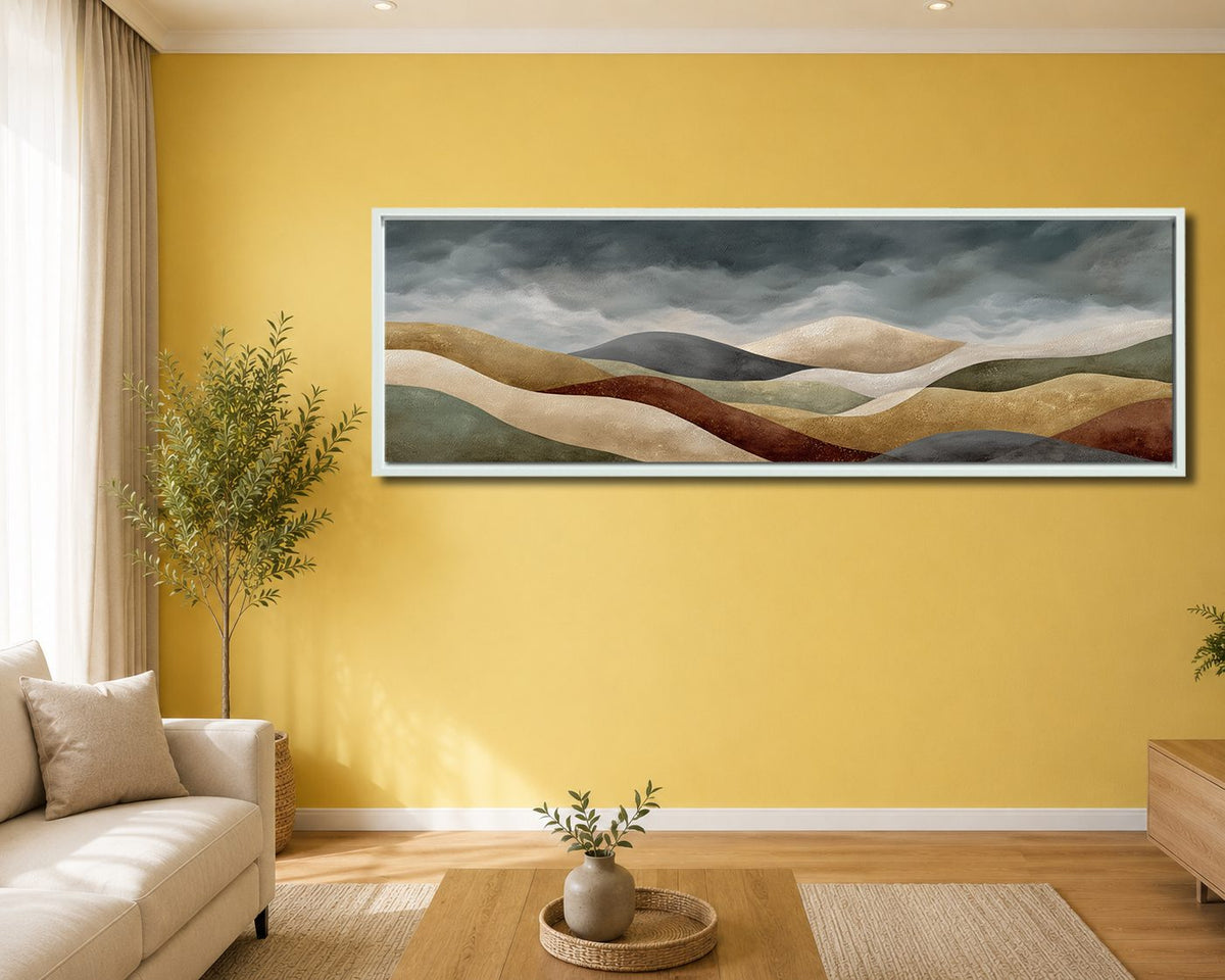 Earth Tone Rolling Hills Abstract canvas wall art, white floating frame