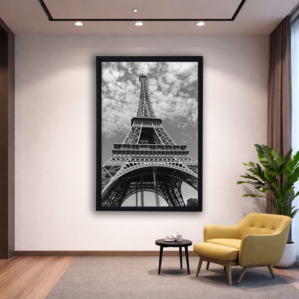 Eiffel Tower Black and White canvas wall art, black floating frame