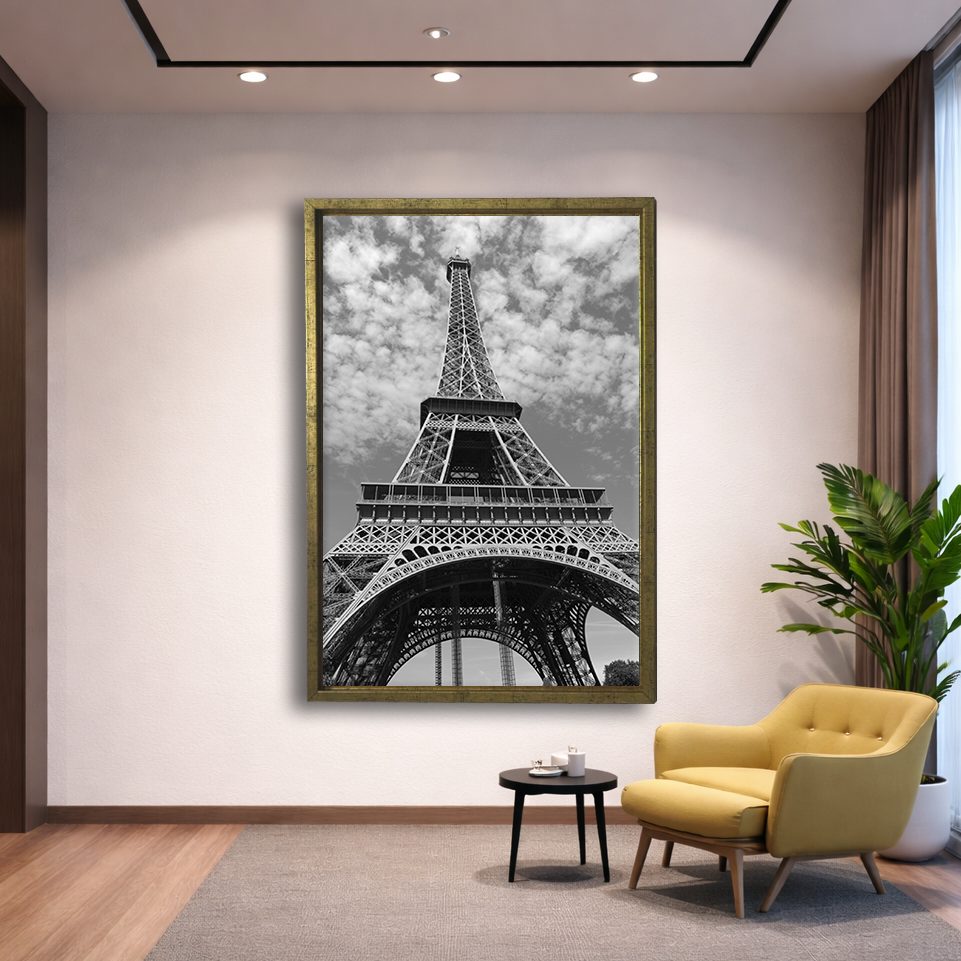 Eiffel Tower Black and White canvas wall art, gold floating frame