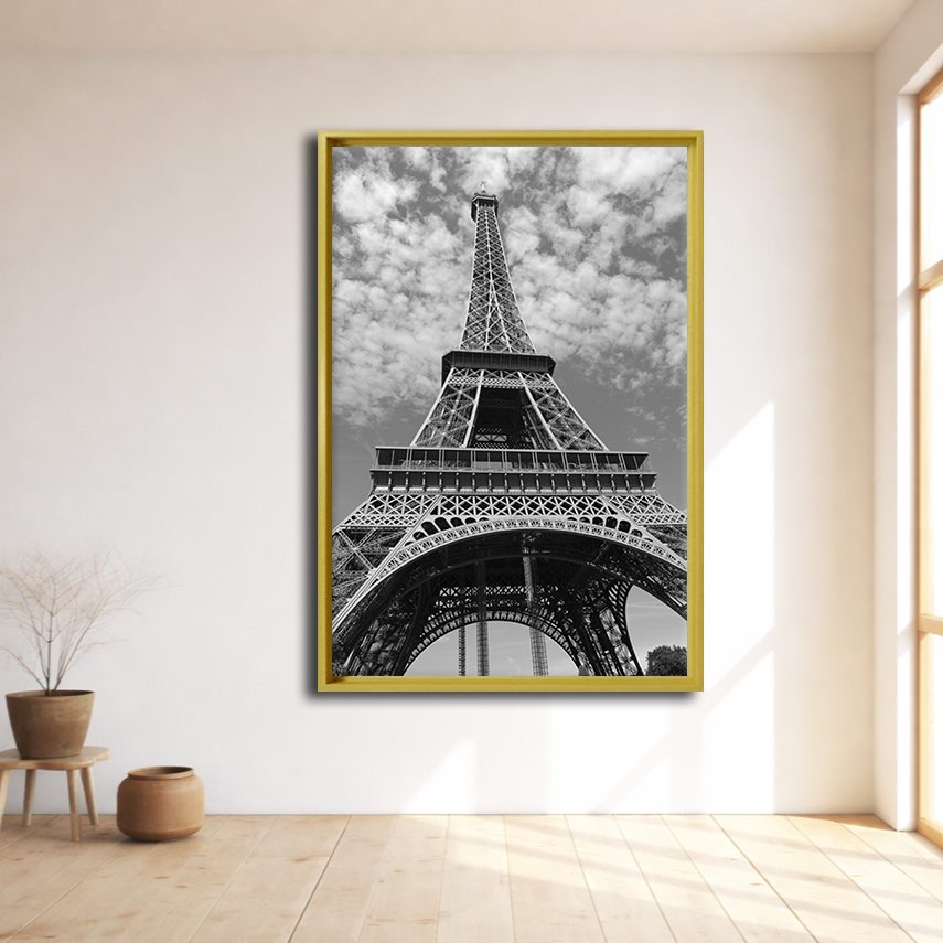 Eiffel Tower Black and White canvas wall art, natural wood floating frame