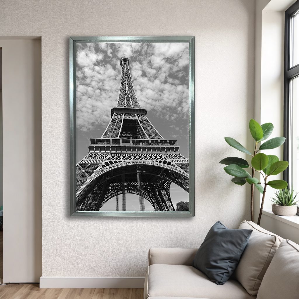 Eiffel Tower Black and White canvas wall art, silver floating frame