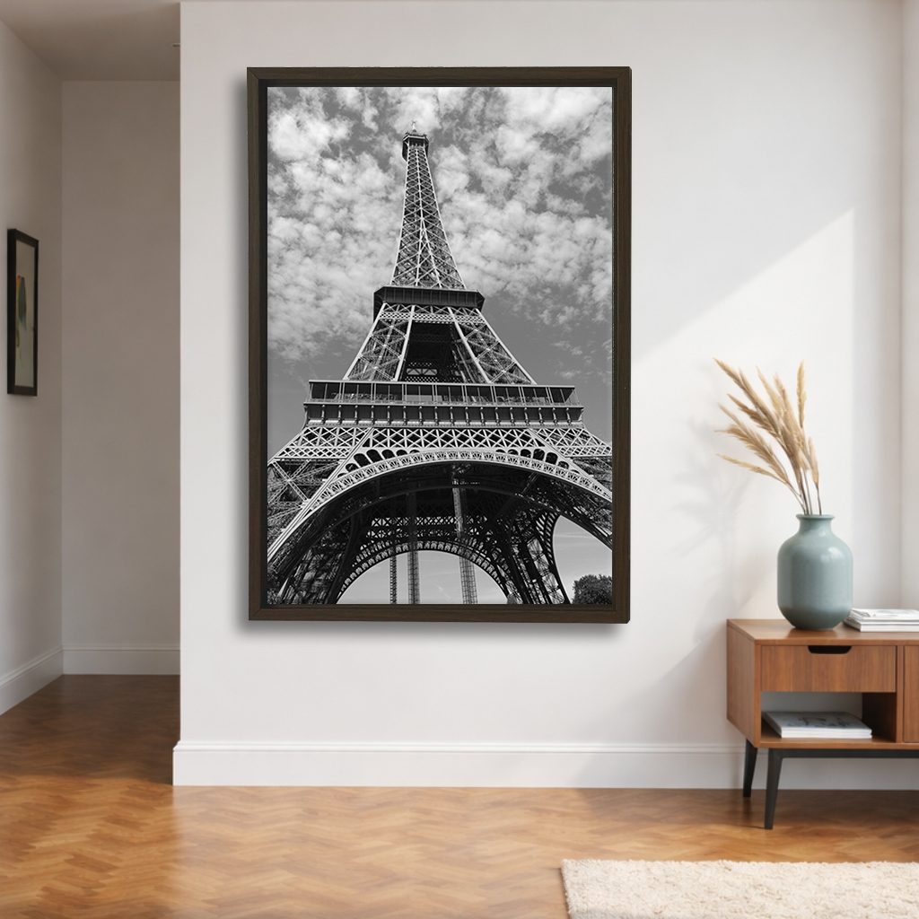 Eiffel Tower Black and White canvas wall art, walnut floating frame