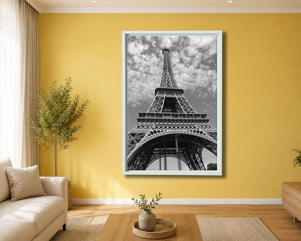 Eiffel Tower Black and White canvas wall art, white floating frame