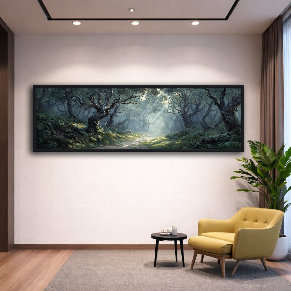 Enchanted Old Oak Forest canvas wall art, black floating frame