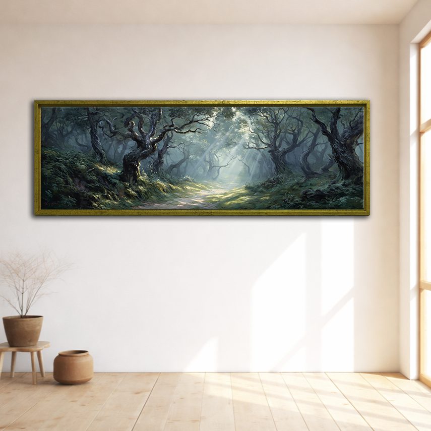 Enchanted Old Oak Forest canvas wall art, gold floating frame