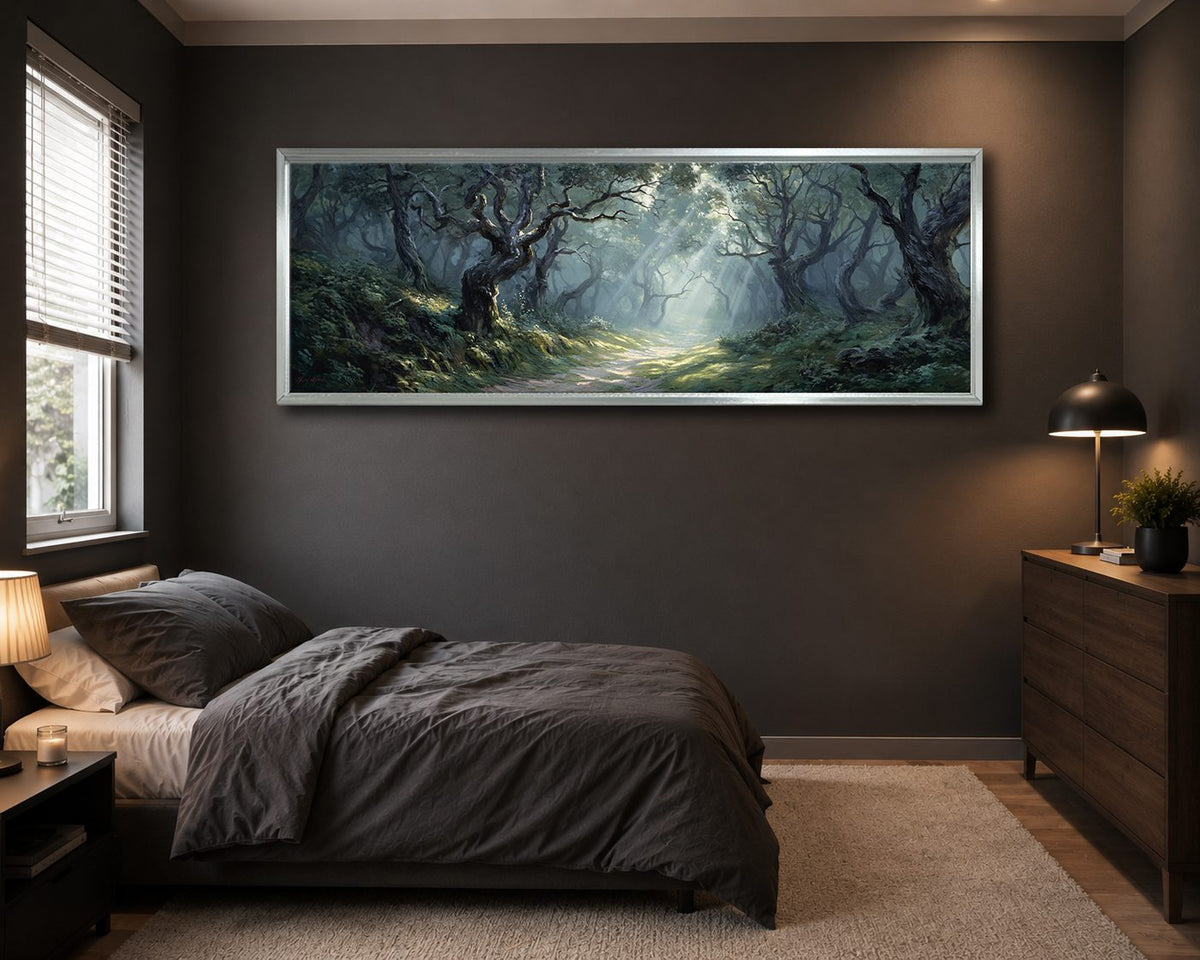 Enchanted Old Oak Forest canvas wall art, silver floating frame