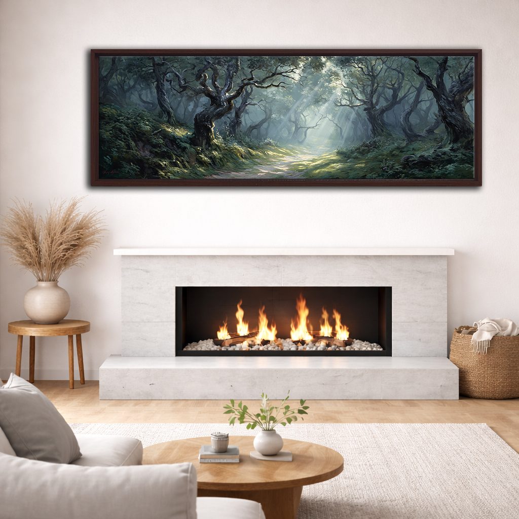 Enchanted Old Oak Forest canvas wall art, walnut floating frame