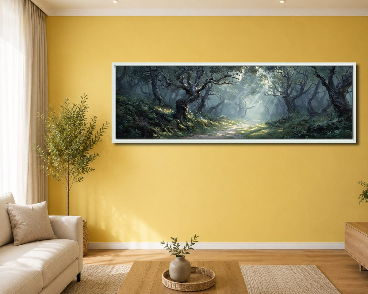 Enchanted Old Oak Forest canvas wall art, white floating frame