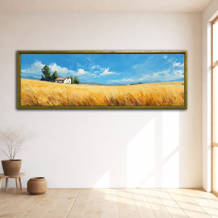 Farmhouse in Golden Meadow canvas wall art, gold floating frame