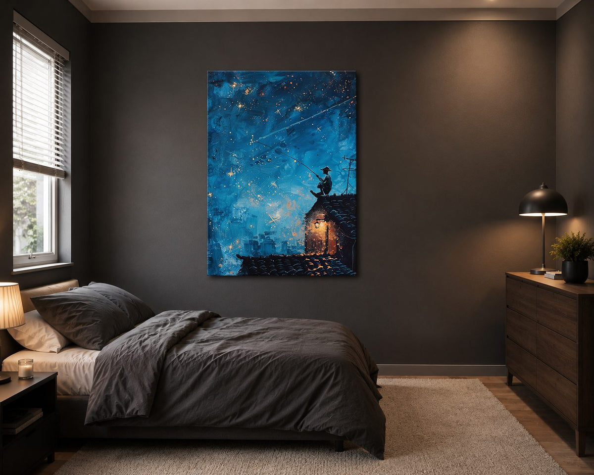 Fisherman on Rooftop under Stars canvas wall art, unframed canvas