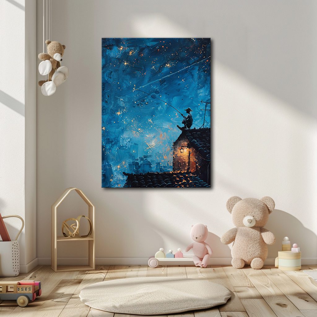 Fisherman on Rooftop under Stars canvas wall art, unframed canvas