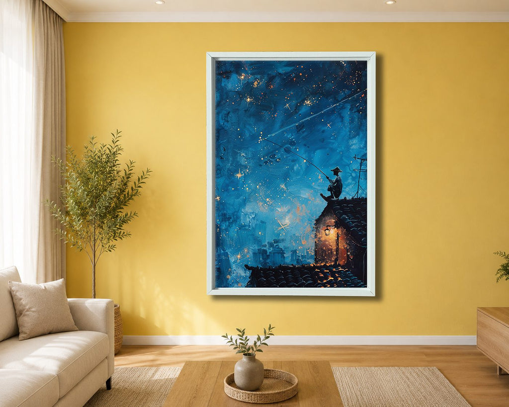 Fisherman on Rooftop under Stars canvas wall art, white floating frame