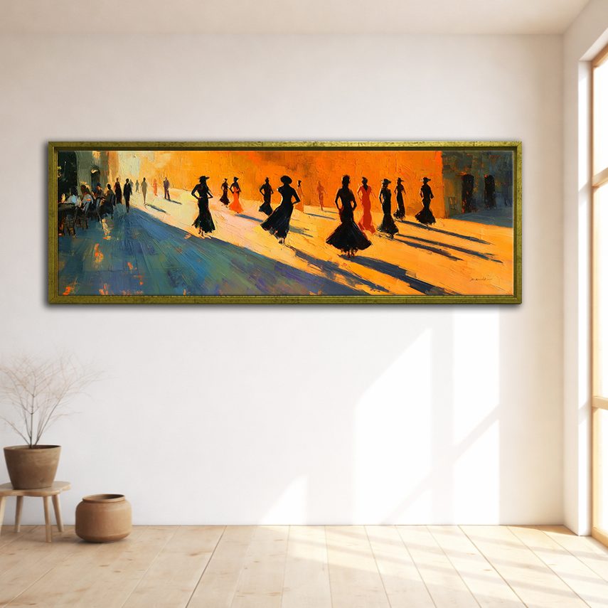 Flamenco Dancers Silhouettes canvas wall art, gold floating frame