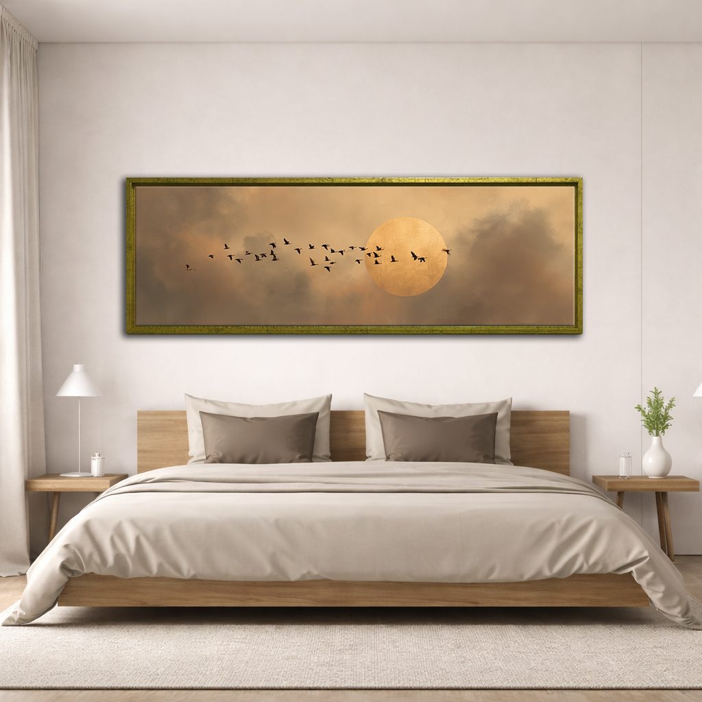 Flock of Birds and Golden Moon canvas wall art, antique gold floating frame
