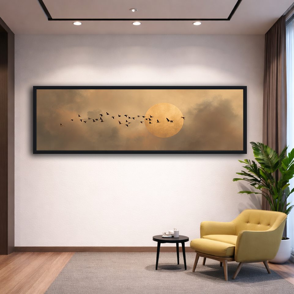 Flock of Birds and Golden Moon canvas wall art, black floating frame