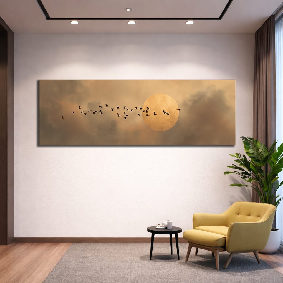 Flock of Birds and Golden Moon canvas wall art, unframed canvas