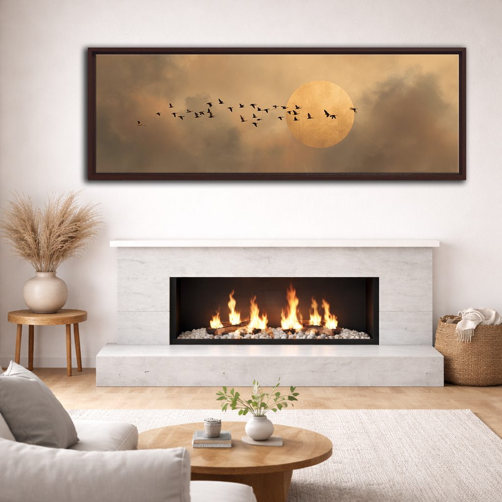 Flock of Birds and Golden Moon canvas wall art, walnut floating frame