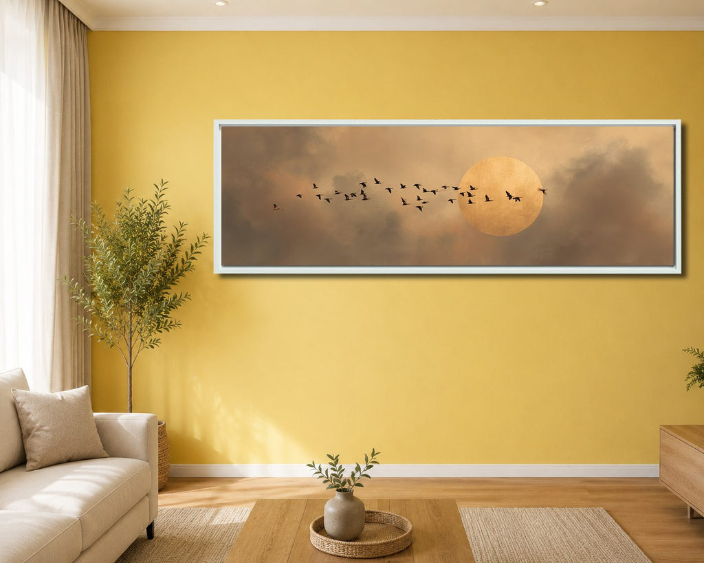 Flock of Birds and Golden Moon canvas wall art, white floating frame