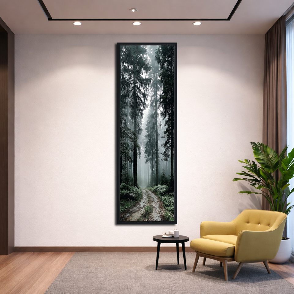Foggy Forest Path canvas wall art, black floating frame