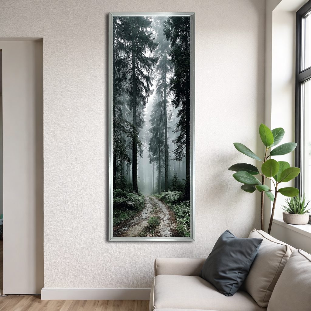 Foggy Forest Path canvas wall art, silver floating frame