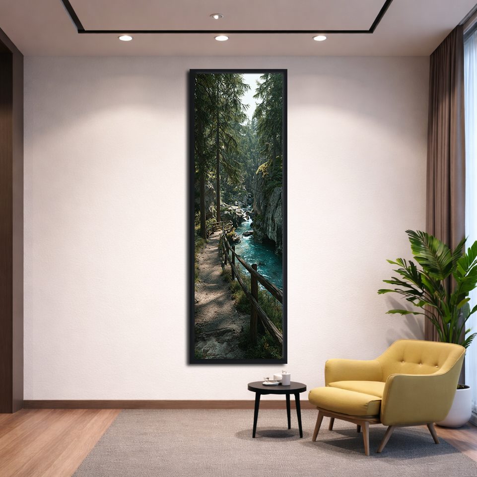 Forest Riverside Boardwalk canvas wall art, black floating frame