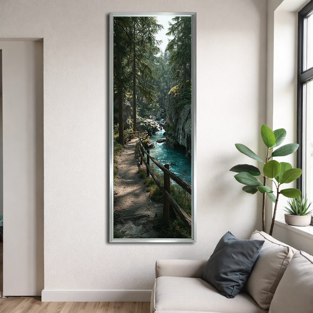 Forest Riverside Boardwalk canvas wall art, silver floating frame