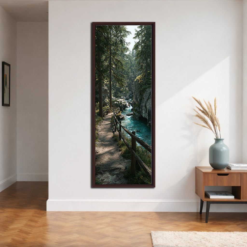 Forest Riverside Boardwalk canvas wall art, walnut floating frame