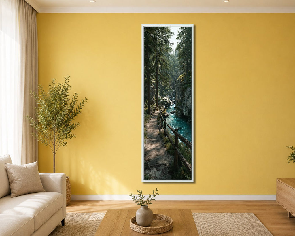Forest Riverside Boardwalk canvas wall art, white floating frame