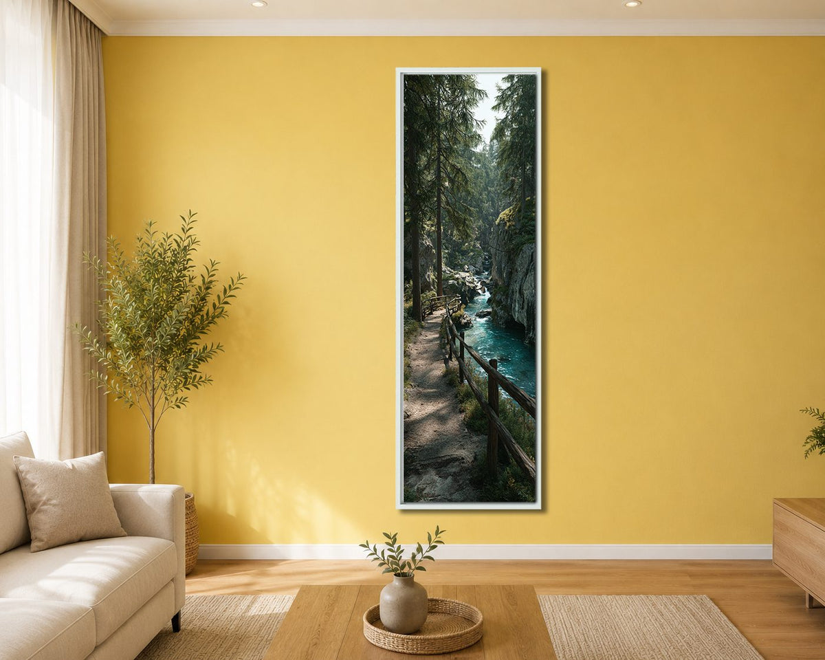Forest Riverside Boardwalk canvas wall art, white floating frame