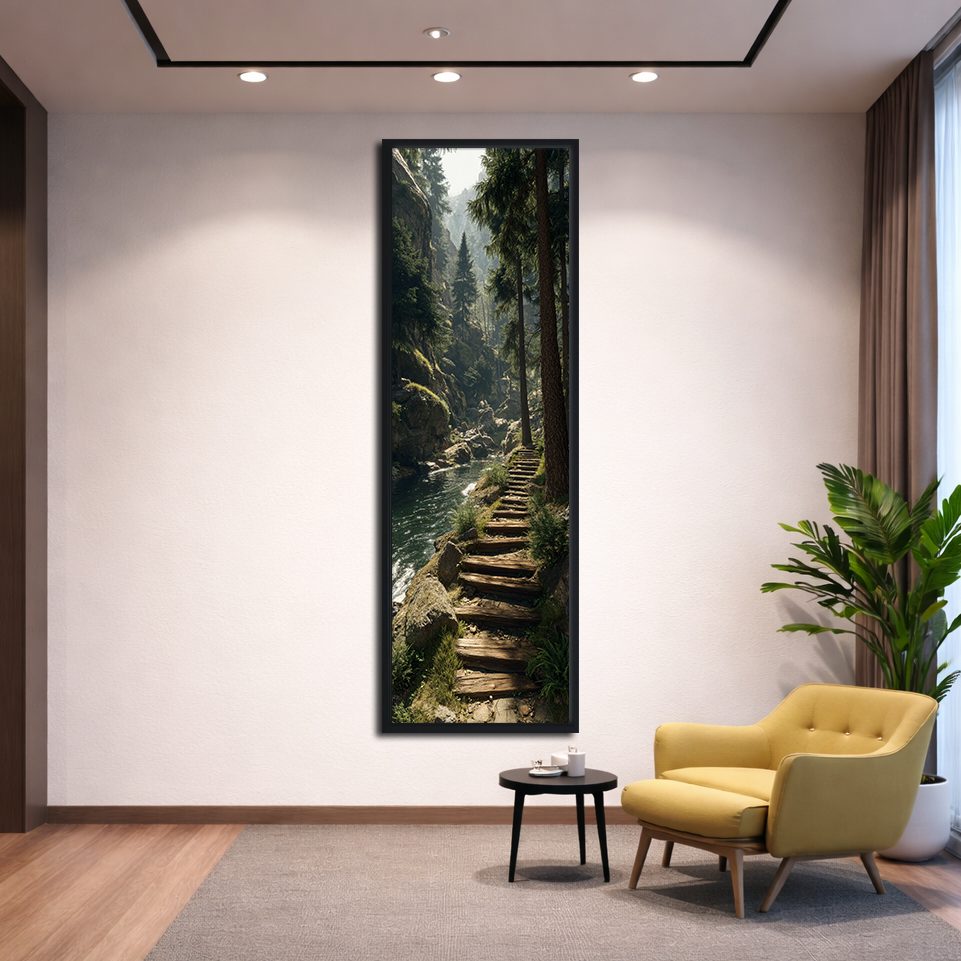 Forest Stone Stairway canvas wall art, black floating frame