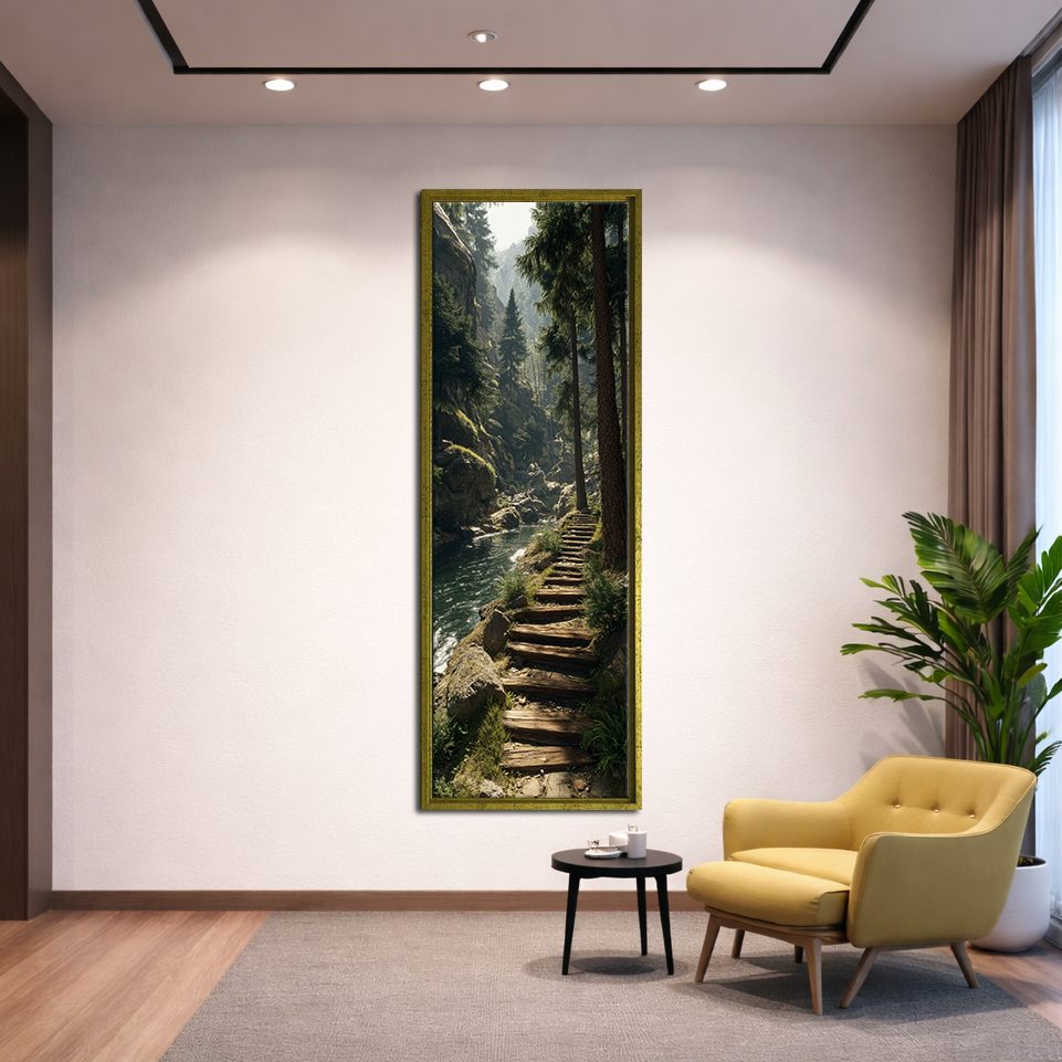 Forest Stone Stairway canvas wall art, gold floating frame