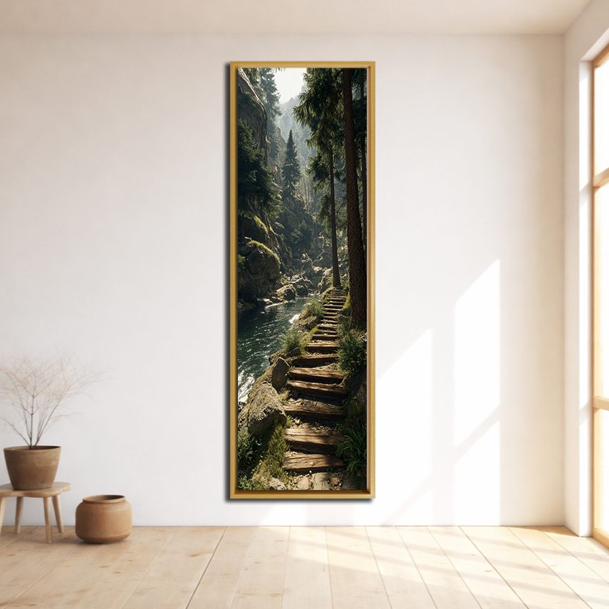 Forest Stone Stairway canvas wall art, natural wood floating frame