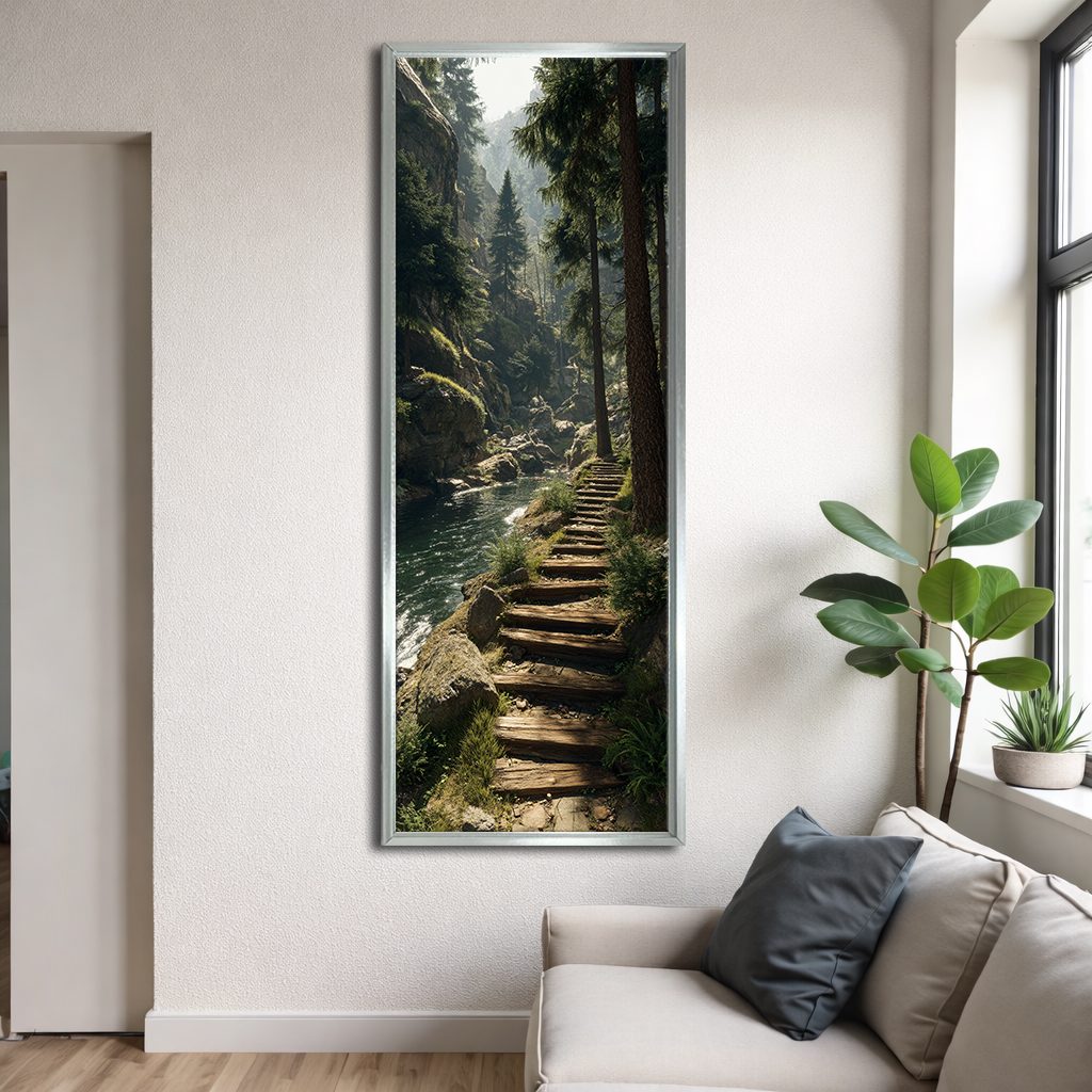 Forest Stone Stairway canvas wall art, silver floating frame