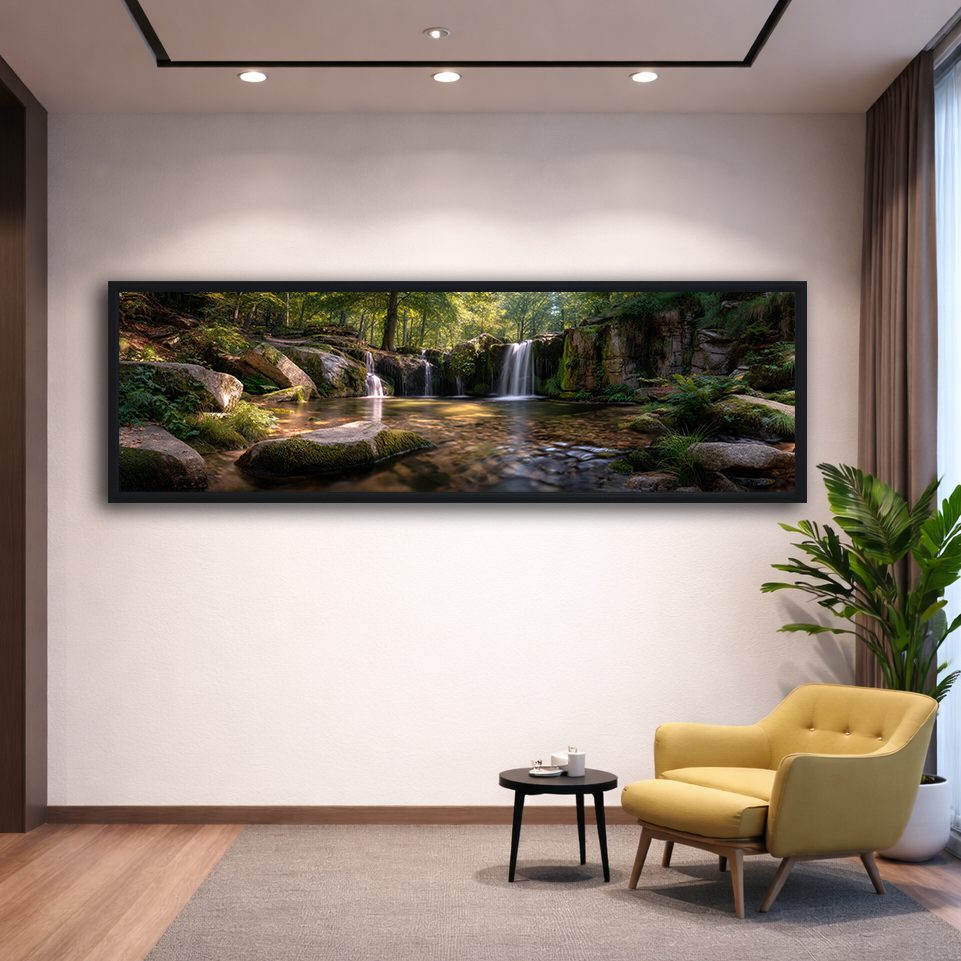 Forest Waterfall and Rocks canvas wall art, black floating frame