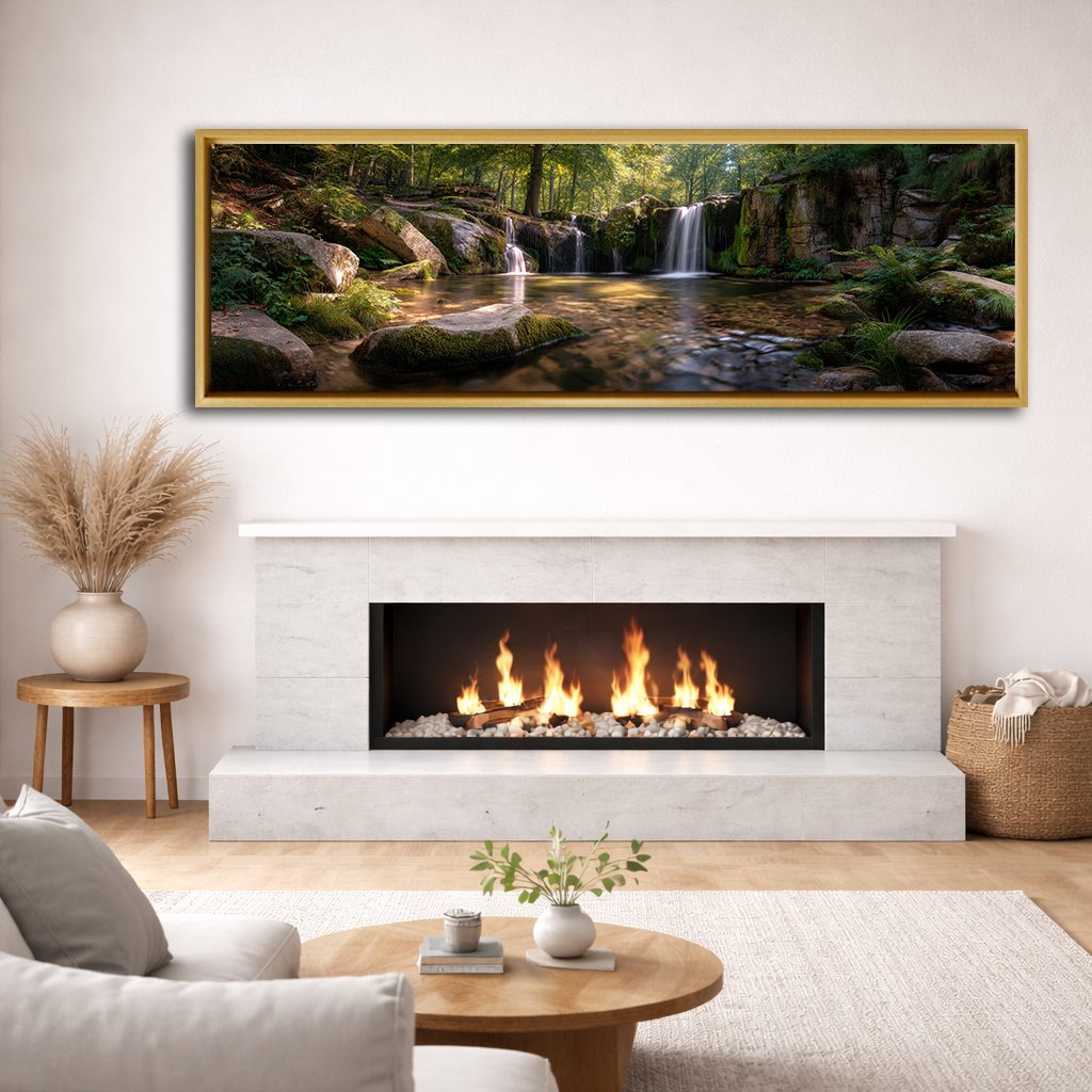 Forest Waterfall and Rocks canvas wall art, natural wood floating frame