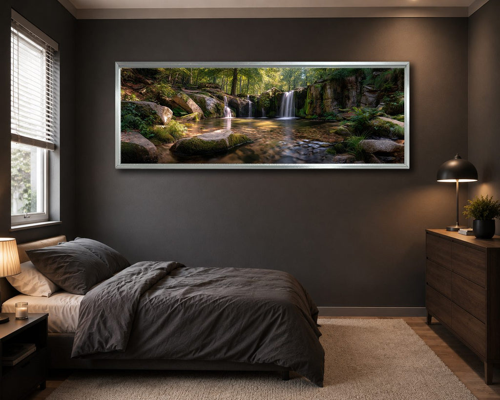 Forest Waterfall and Rocks canvas wall art, silver floating frame