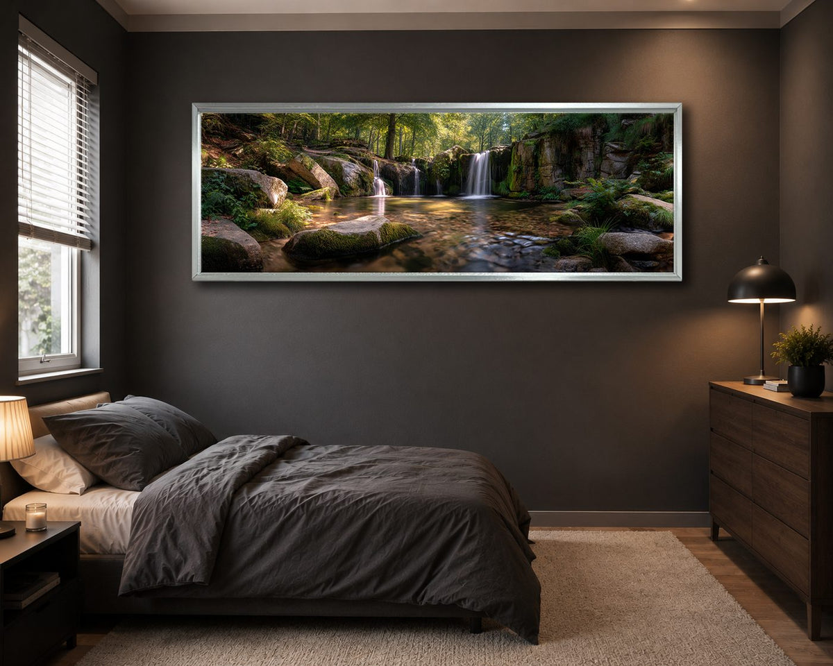 Forest Waterfall and Rocks canvas wall art, silver floating frame