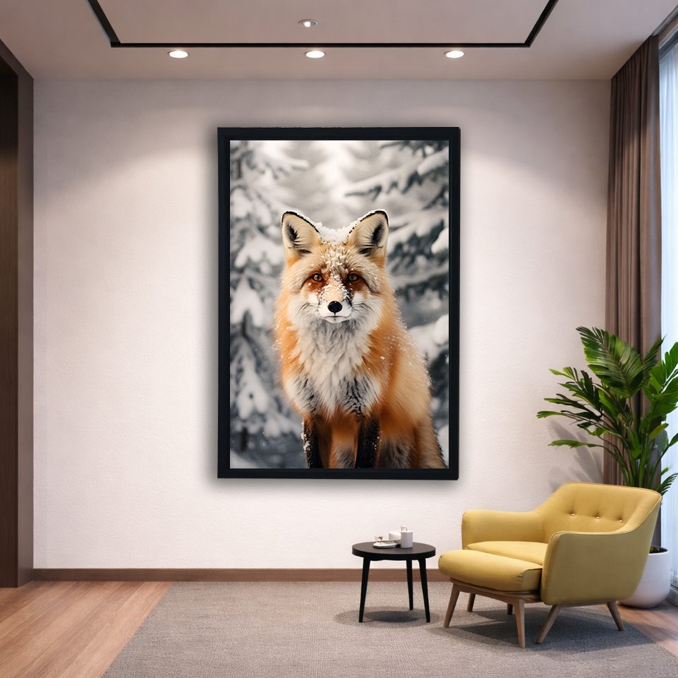 Fox in the Snow canvas wall art, black floating frame