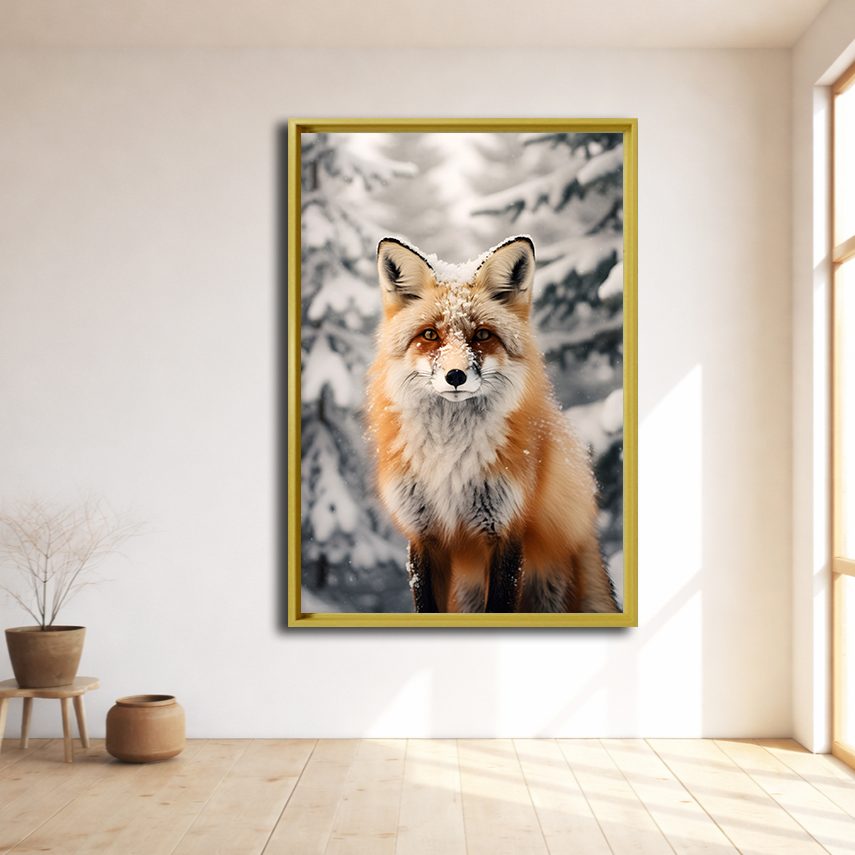 Fox in the Snow canvas wall art, natural wood floating frame
