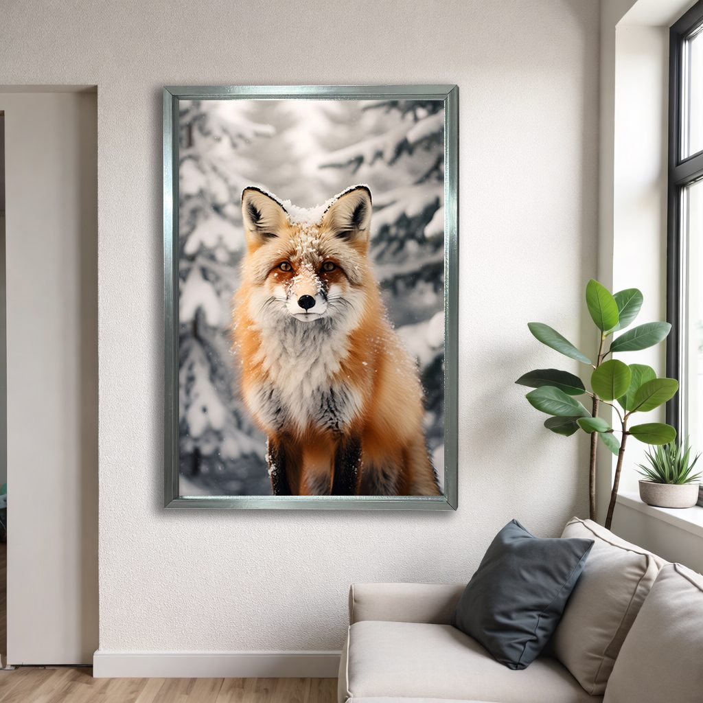 Fox in the Snow canvas wall art, silver floating frame