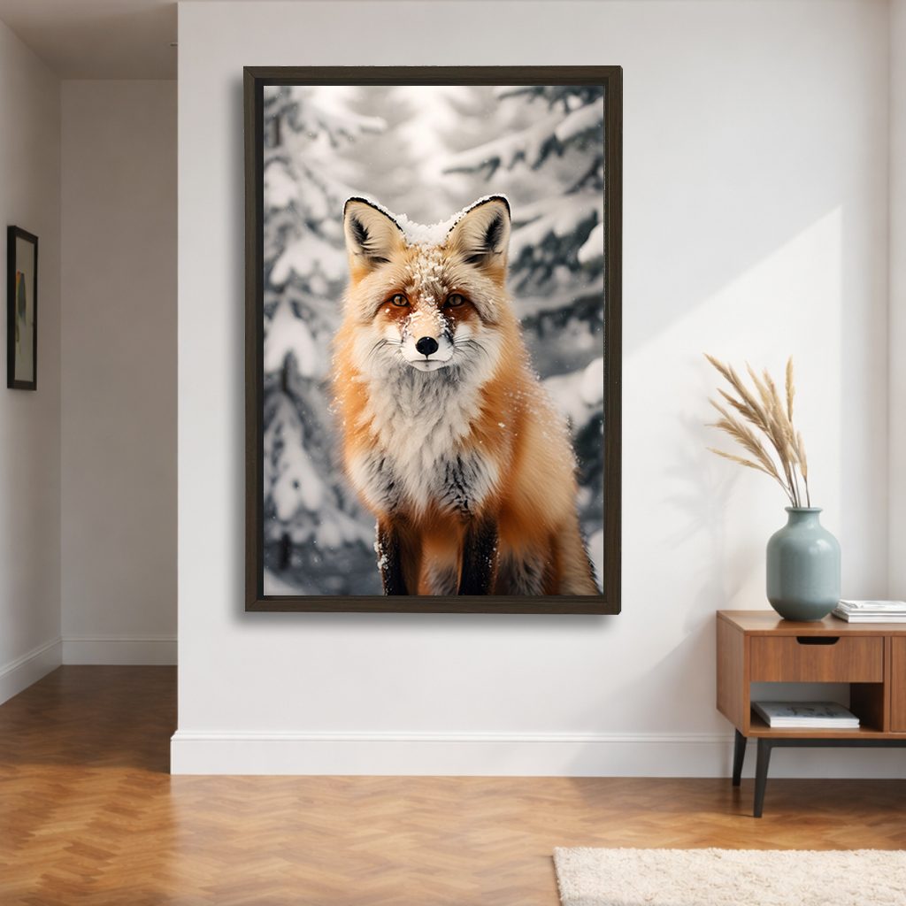 Fox in the Snow canvas wall art, walnut floating frame