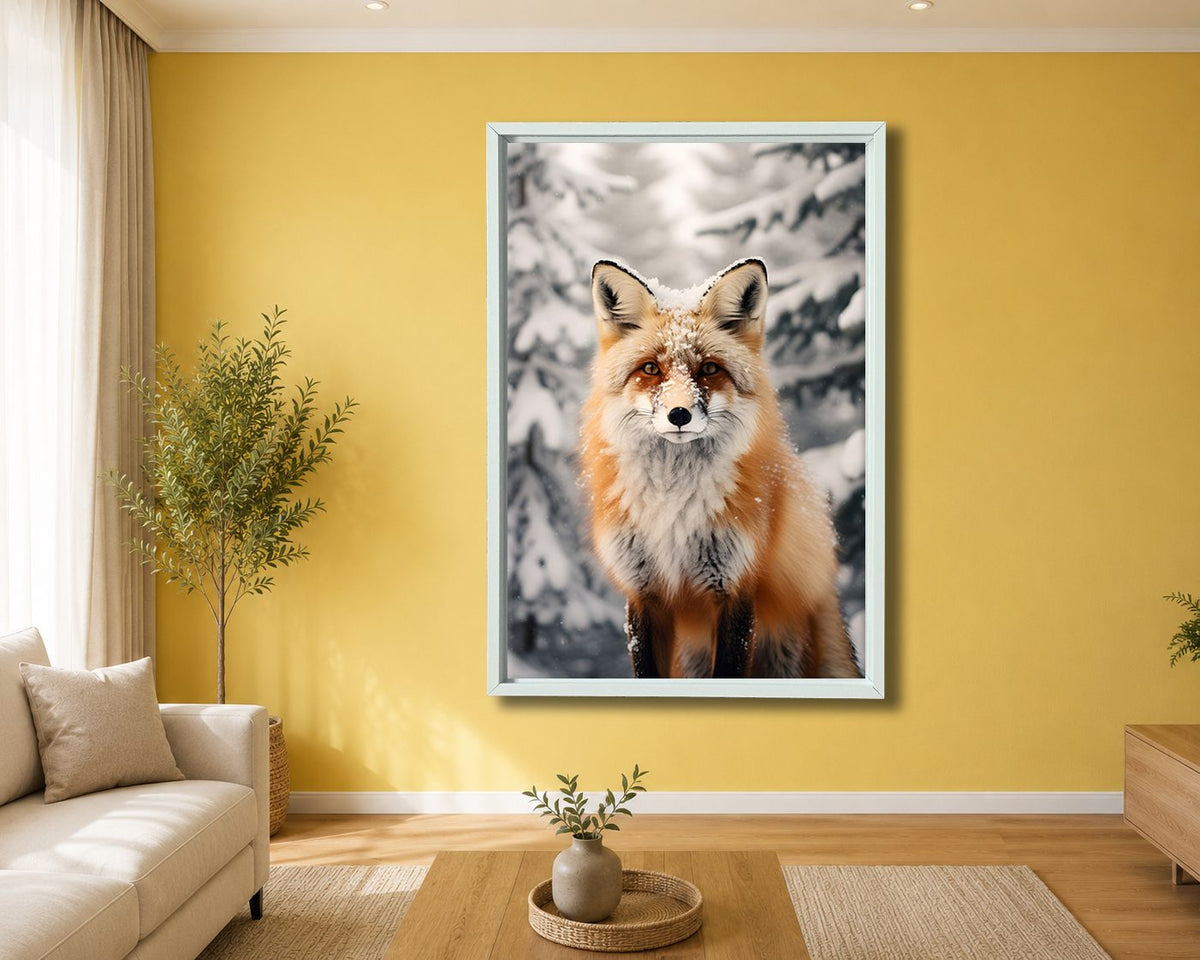 Fox in the Snow canvas wall art, white floating frame