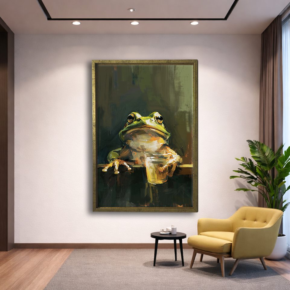 Frog with a Drink canvas wall art, gold floating frame