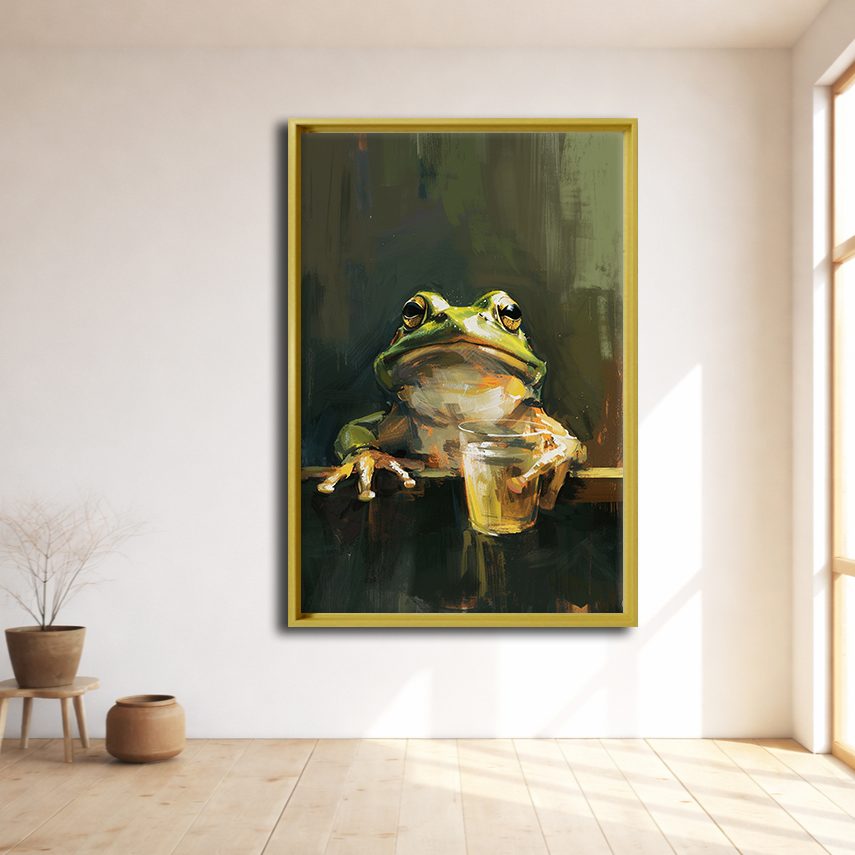 Frog with a Drink canvas wall art, natural wood floating frame