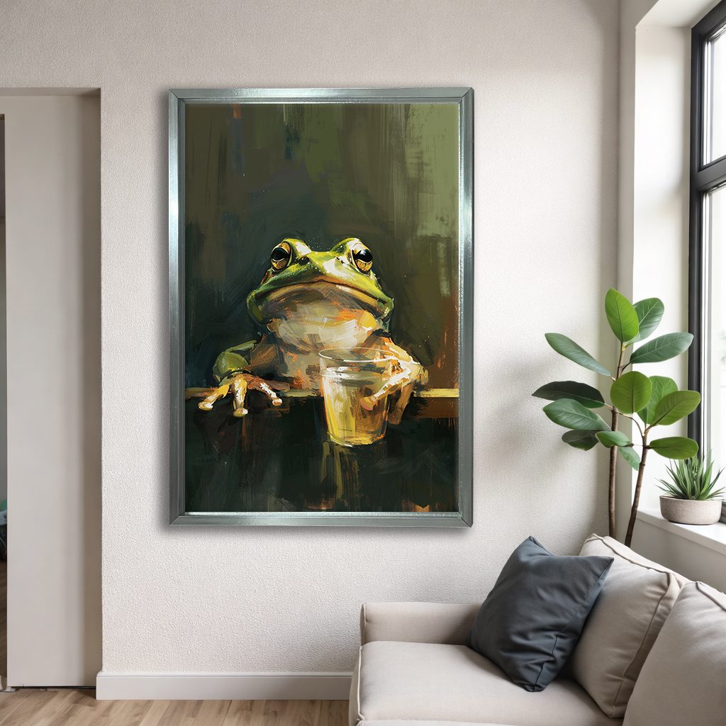 Frog with a Drink canvas wall art, silver floating frame
